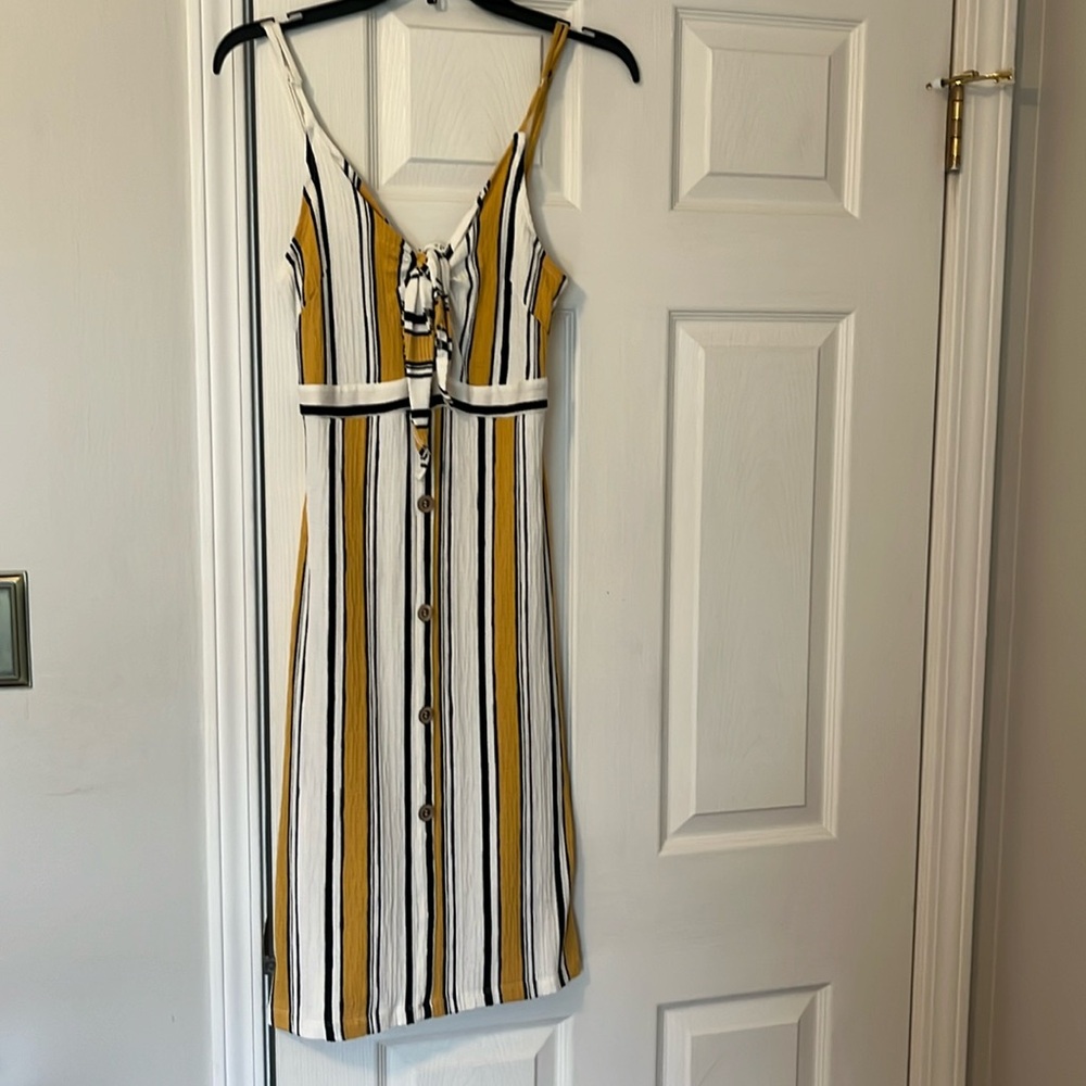 Brand new large dress; cute yellow black and white striped design with button